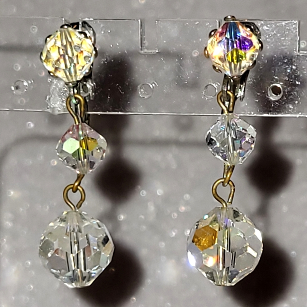 Vintage AB Crystal Drop Dangle Clip-On Earrings